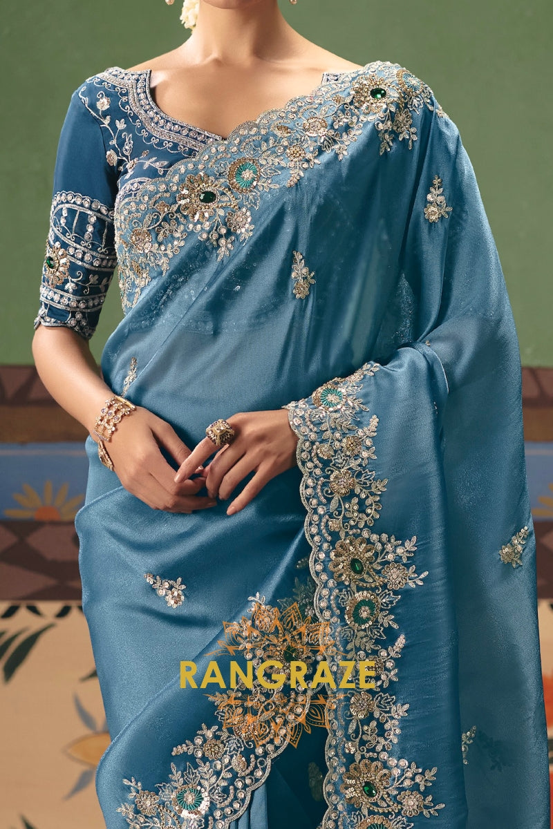 Powder Blue Designer Embroidered Fancy Saree with Sequin, Stone & Pearl Work