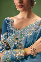 Powder Blue Designer Embroidered Fancy Saree with Sequin, Stone & Pearl Work