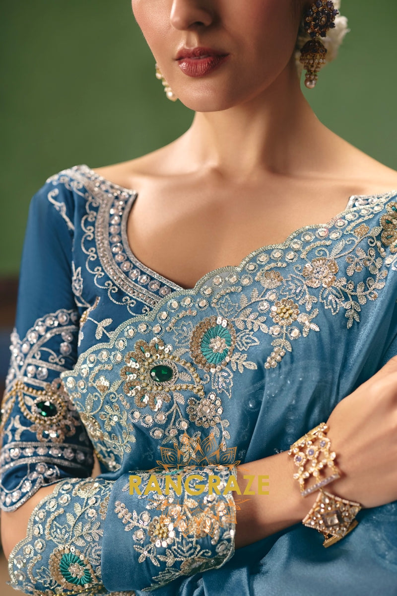 Powder Blue Designer Embroidered Fancy Saree with Sequin, Stone & Pearl Work