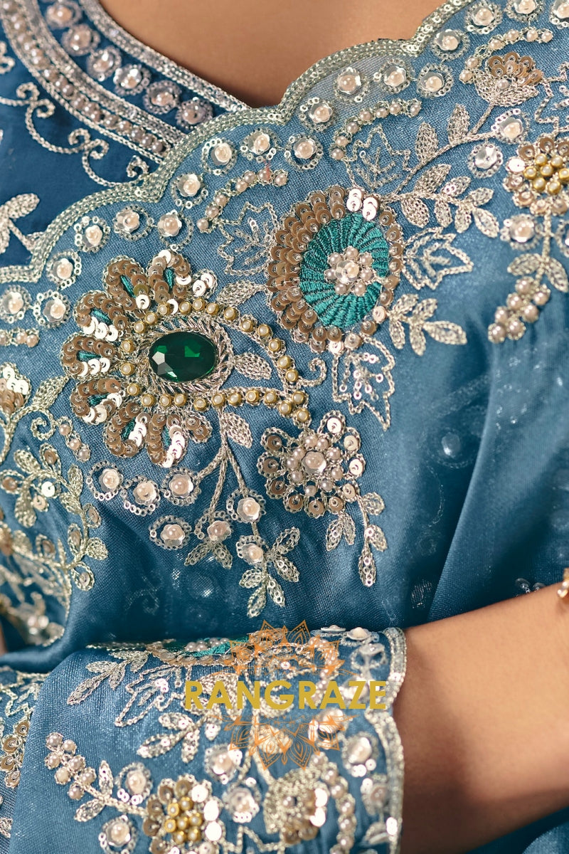 Powder Blue Designer Embroidered Fancy Saree with Sequin, Stone & Pearl Work