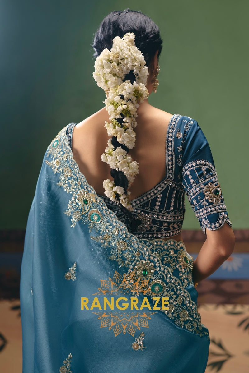 Powder Blue Designer Embroidered Fancy Saree with Sequin, Stone & Pearl Work