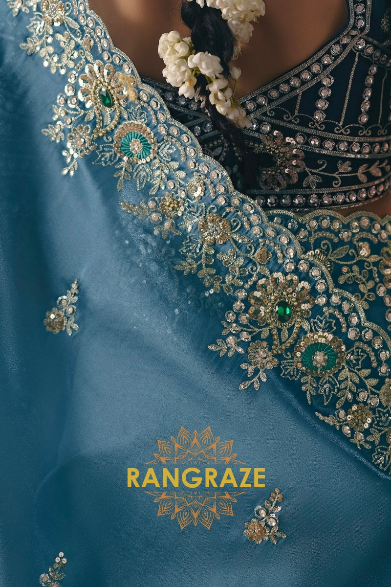Powder Blue Designer Embroidered Fancy Saree with Sequin, Stone & Pearl Work