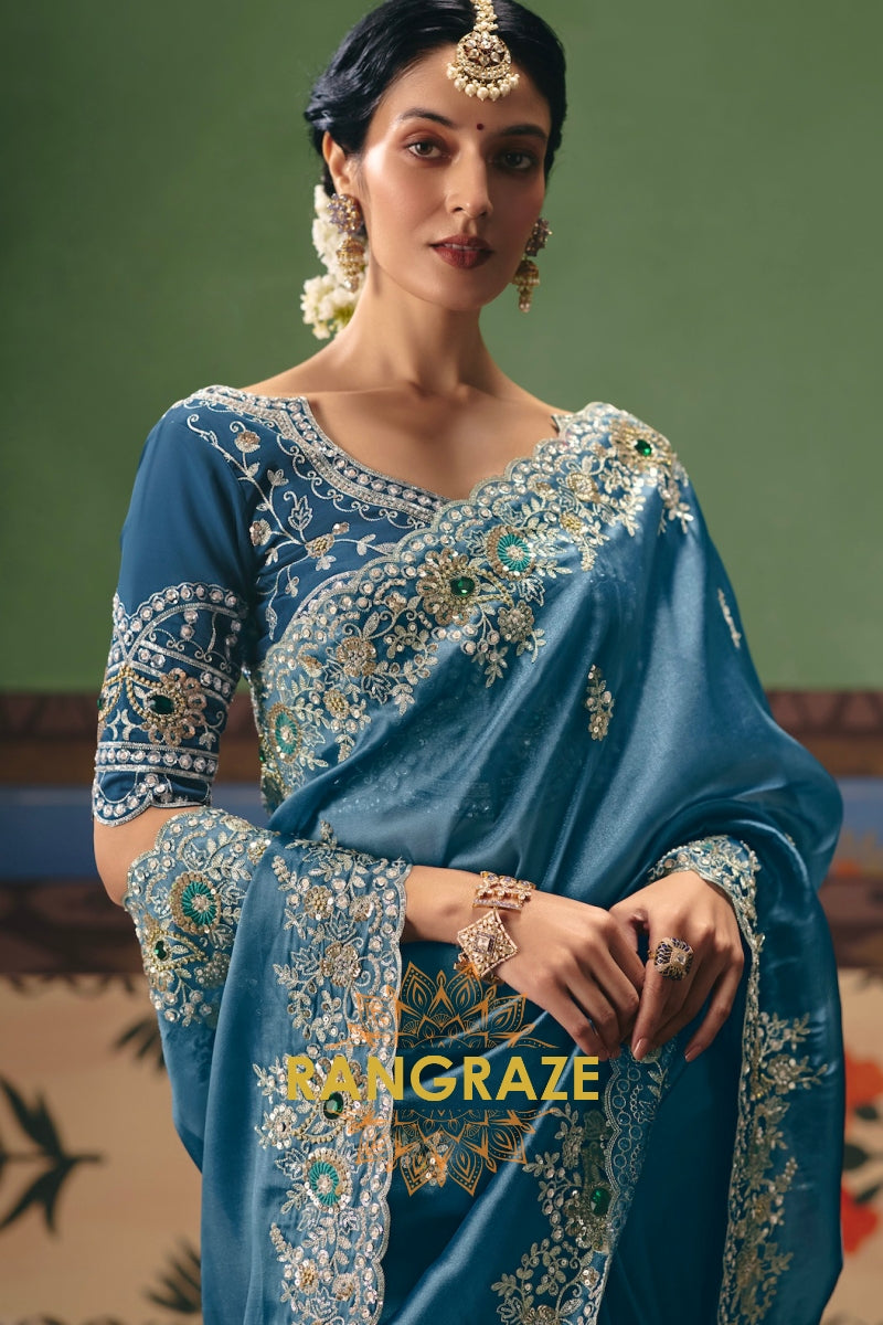 Powder Blue Designer Embroidered Fancy Saree with Sequin, Stone & Pearl Work