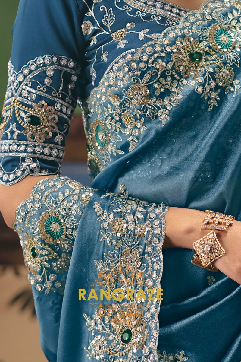 Powder Blue Designer Embroidered Fancy Saree with Sequin, Stone & Pearl Work