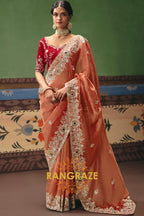 Peach Royal Designer Embroidered Fancy Saree with Sequin, Stone & Pearl Work