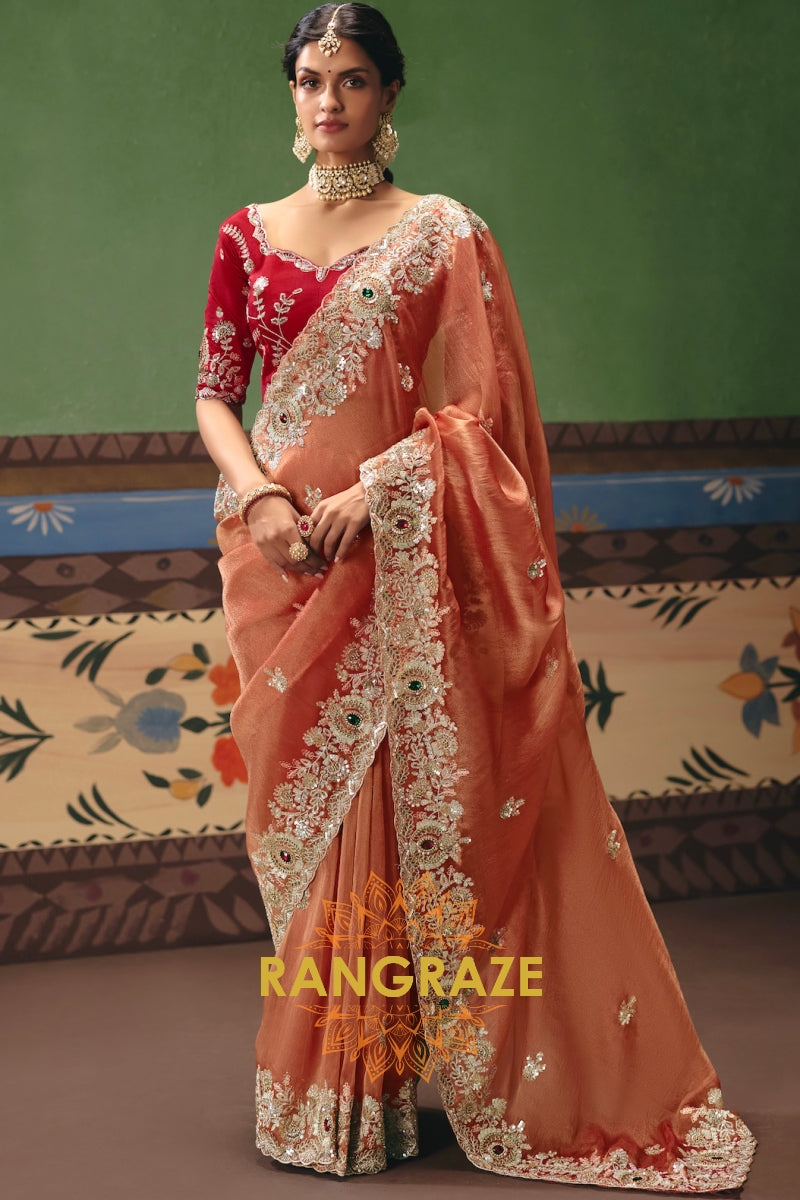 Peach Royal Designer Embroidered Fancy Saree with Sequin, Stone & Pearl Work
