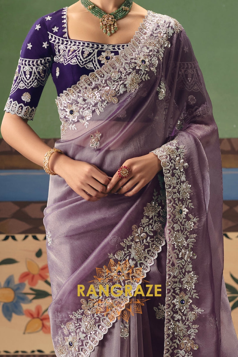 Lavender Mist Designer Embroidered Fancy Saree with Sequin, Stone & Pearl Work