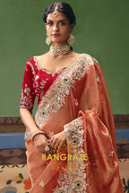 Peach Royal Designer Embroidered Fancy Saree with Sequin, Stone & Pearl Work