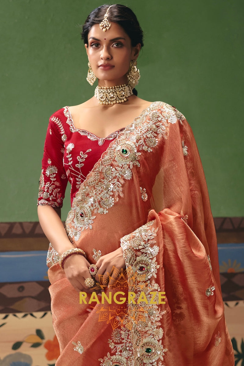 Peach Royal Designer Embroidered Fancy Saree with Sequin, Stone & Pearl Work