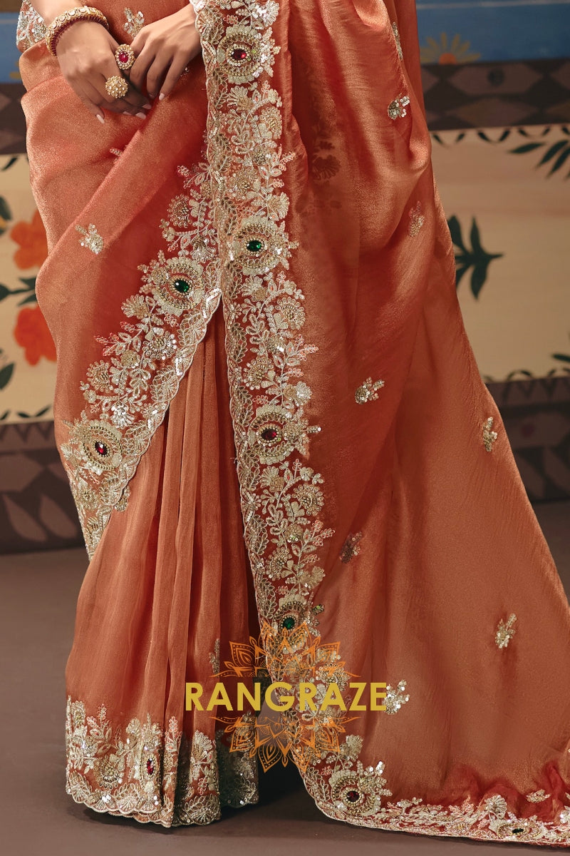 Peach Royal Designer Embroidered Fancy Saree with Sequin, Stone & Pearl Work