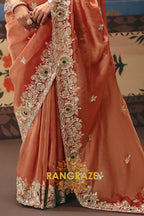 Peach Royal Designer Embroidered Fancy Saree with Sequin, Stone & Pearl Work