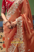 Peach Royal Designer Embroidered Fancy Saree with Sequin, Stone & Pearl Work