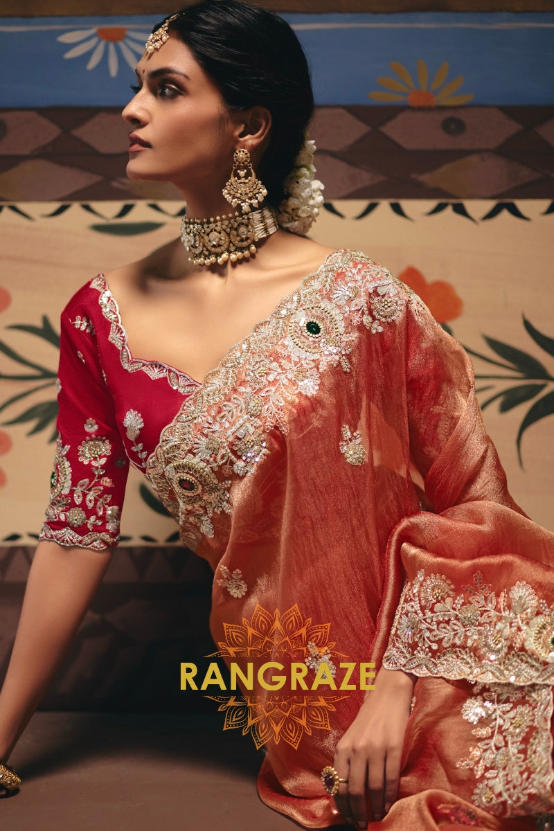 Peach Royal Designer Embroidered Fancy Saree with Sequin, Stone & Pearl Work