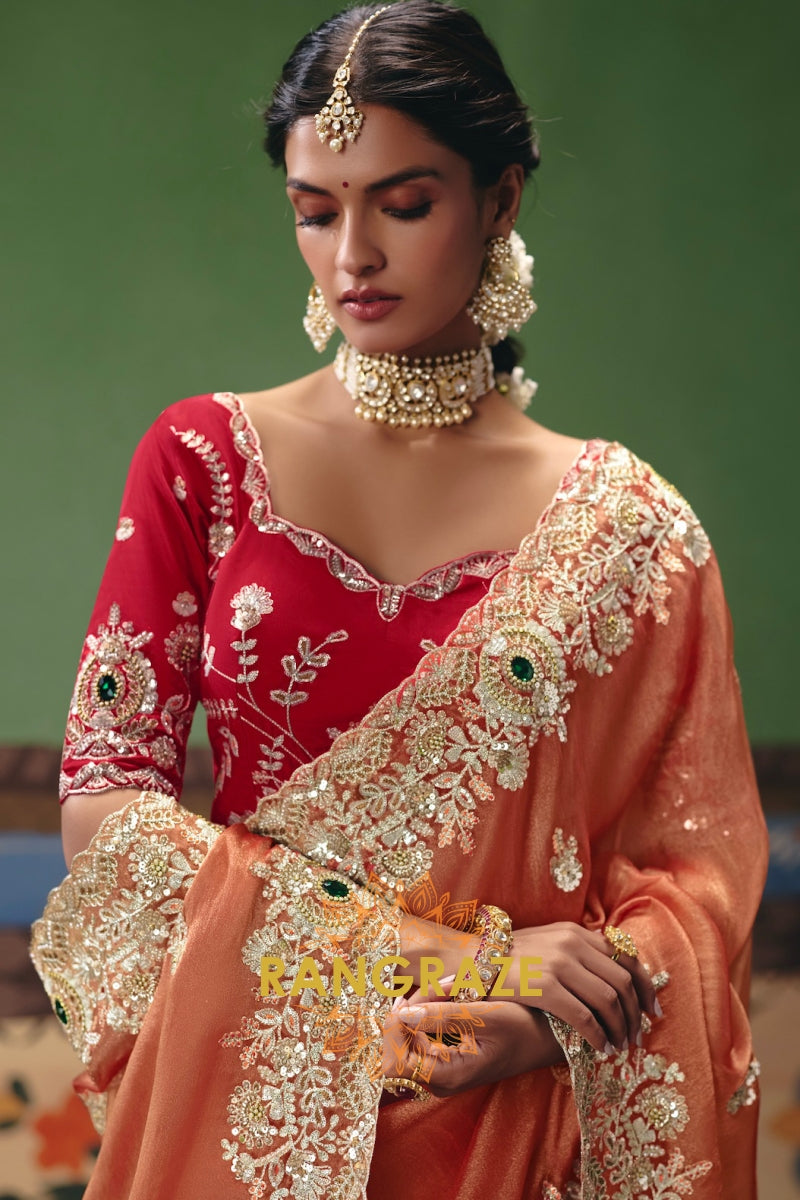 Peach Royal Designer Embroidered Fancy Saree with Sequin, Stone & Pearl Work