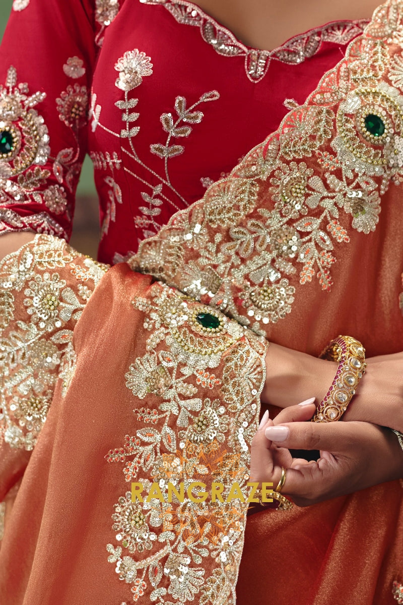 Peach Royal Designer Embroidered Fancy Saree with Sequin, Stone & Pearl Work