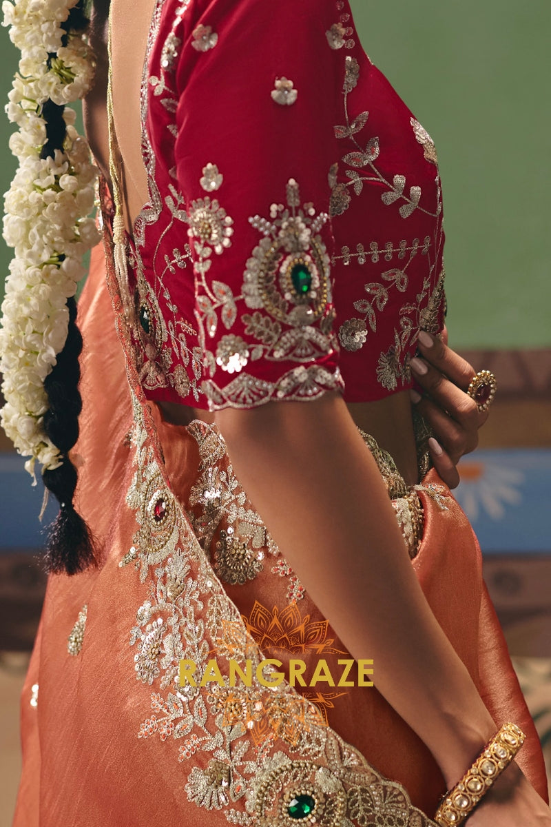 Peach Royal Designer Embroidered Fancy Saree with Sequin, Stone & Pearl Work