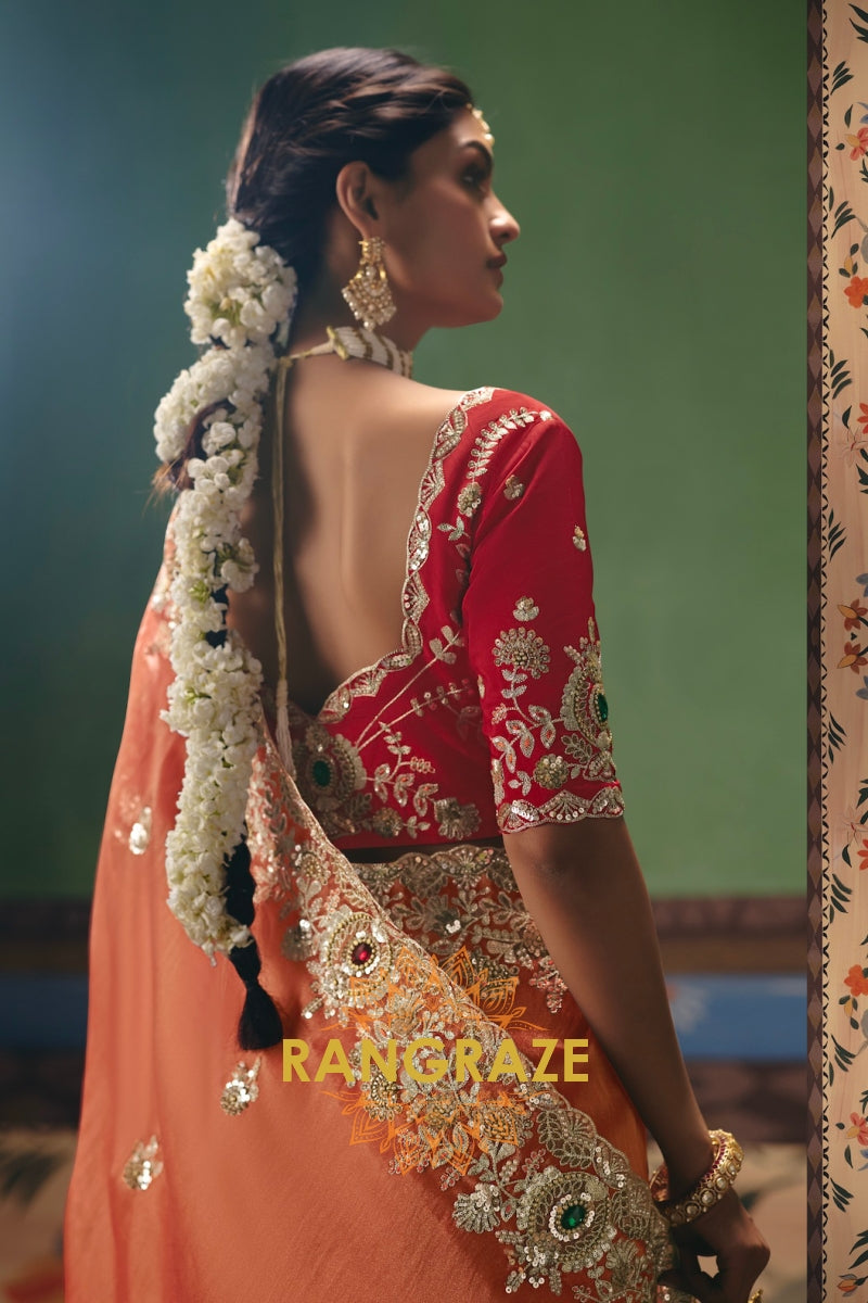 Peach Royal Designer Embroidered Fancy Saree with Sequin, Stone & Pearl Work