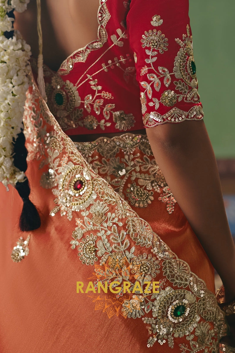 Peach Royal Designer Embroidered Fancy Saree with Sequin, Stone & Pearl Work