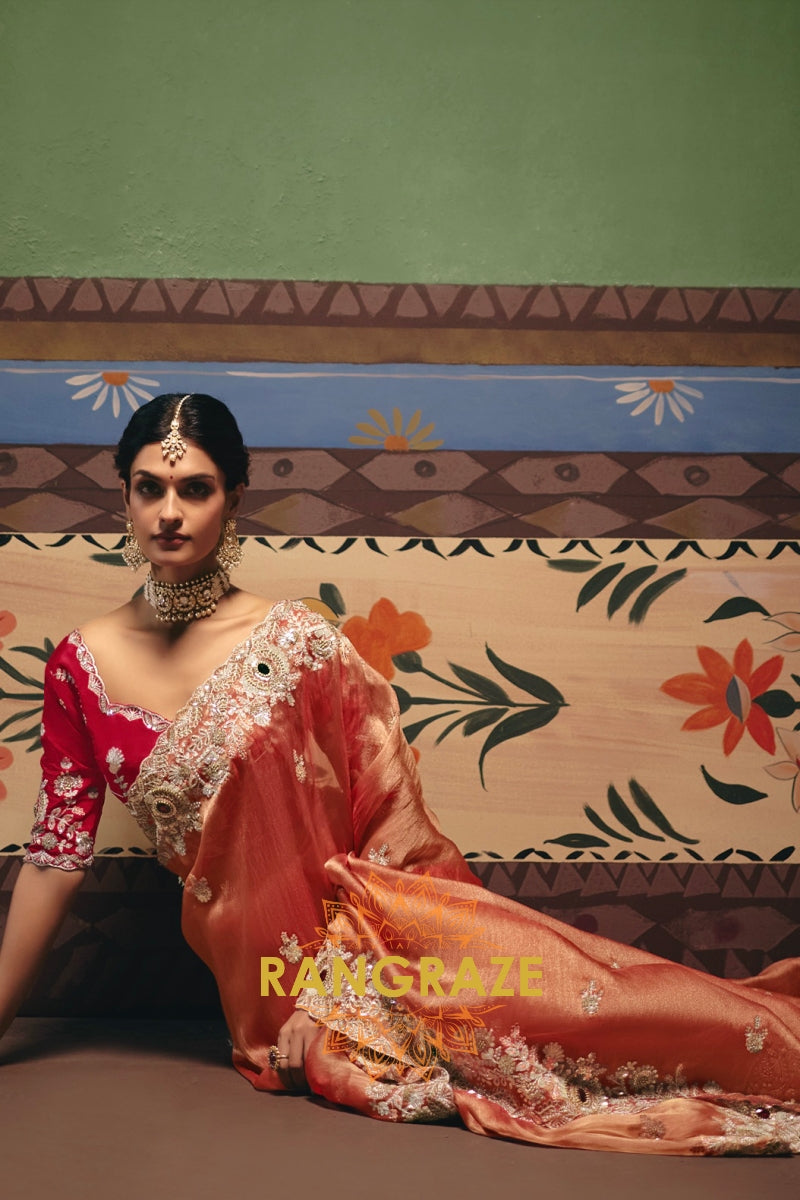 Peach Royal Designer Embroidered Fancy Saree with Sequin, Stone & Pearl Work