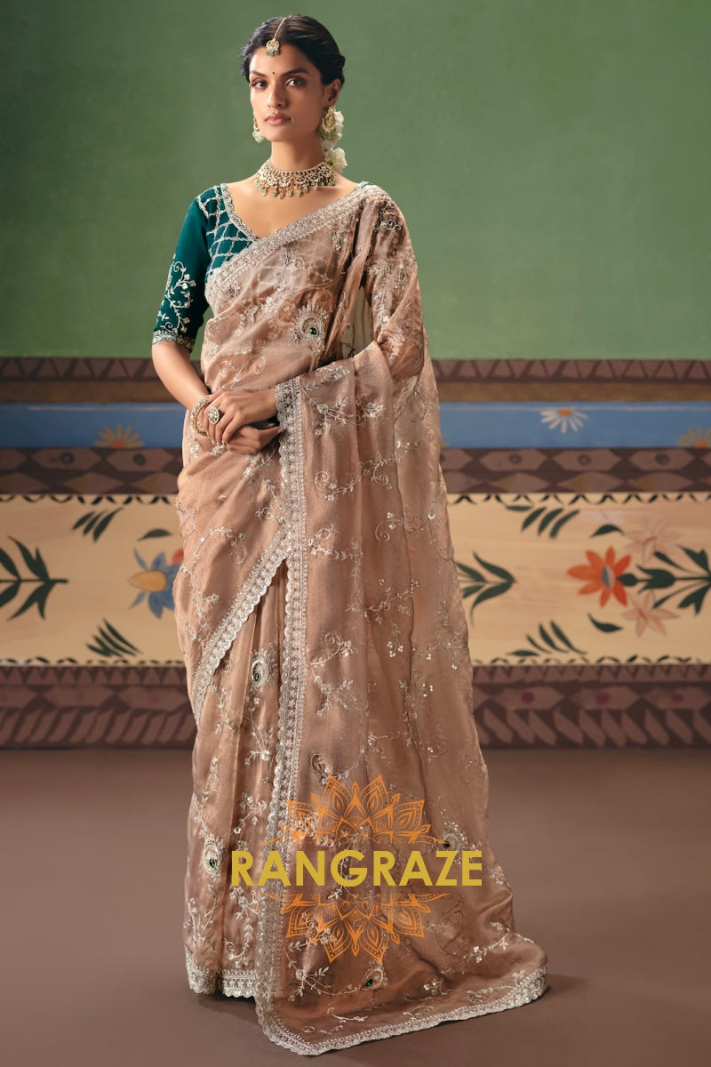 Champagne Beige Designer Embroidered Fancy Saree with Sequin, Stone & Pearl Work