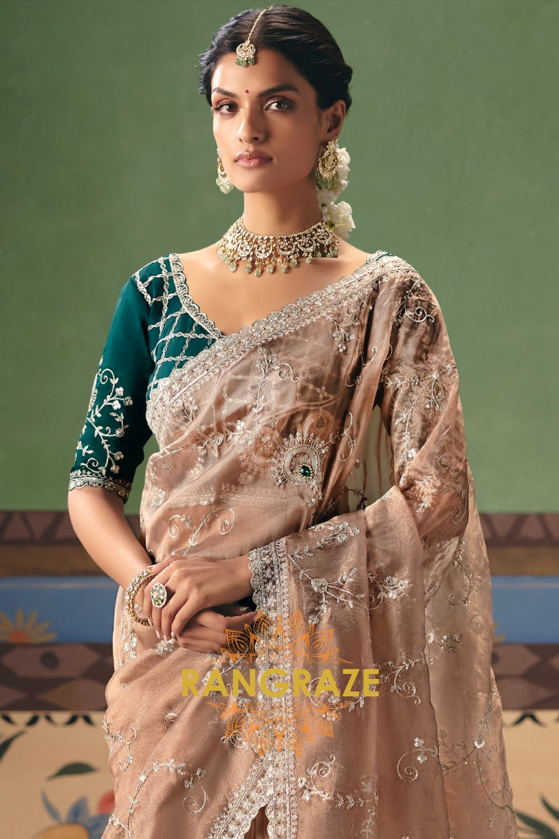 Champagne Beige Designer Embroidered Fancy Saree with Sequin, Stone & Pearl Work