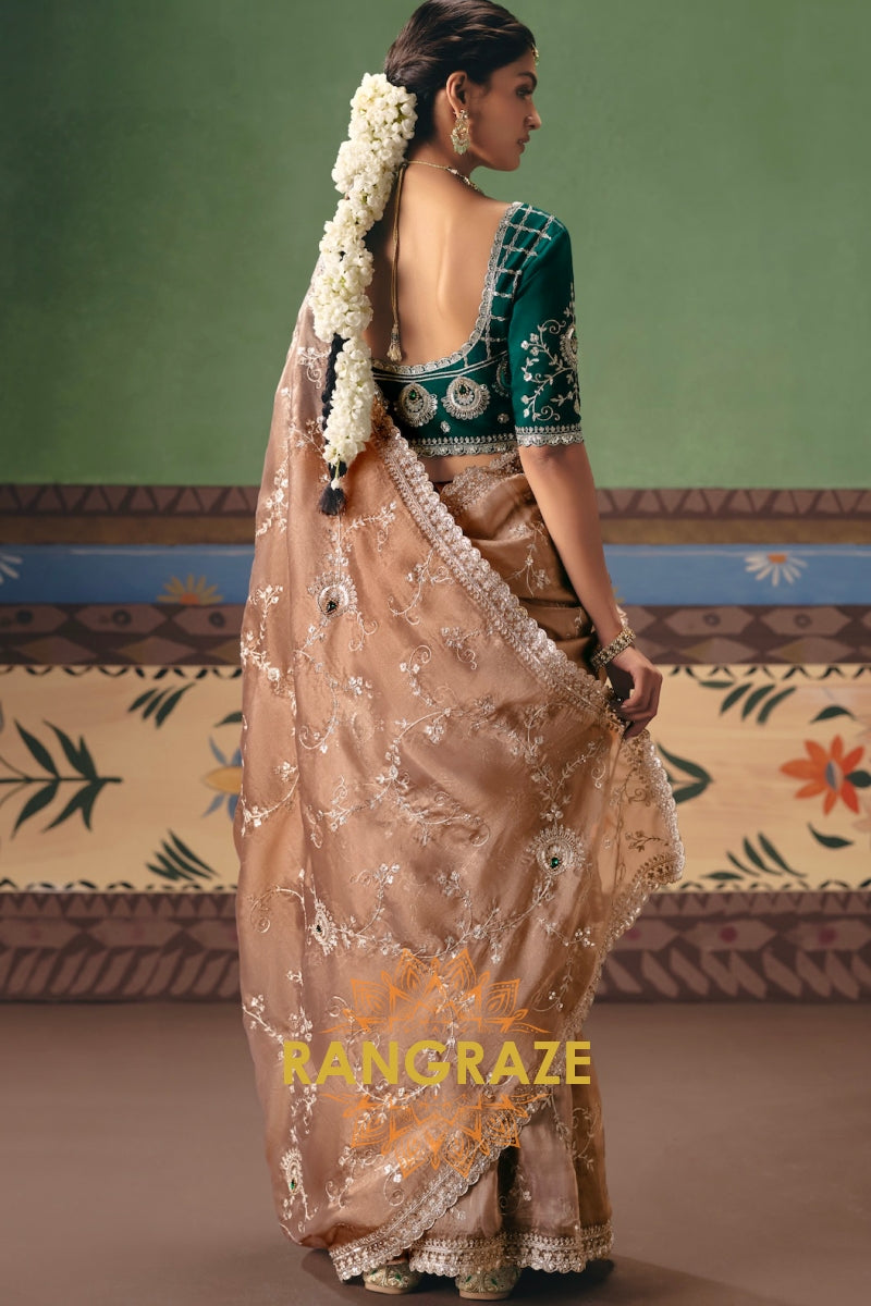 Champagne Beige Designer Embroidered Fancy Saree with Sequin, Stone & Pearl Work