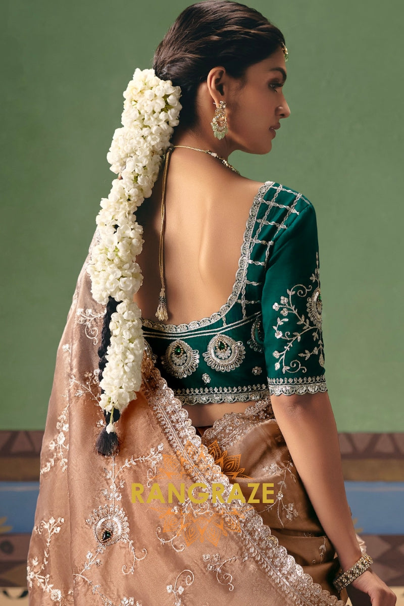 Champagne Beige Designer Embroidered Fancy Saree with Sequin, Stone & Pearl Work