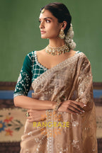 Champagne Beige Designer Embroidered Fancy Saree with Sequin, Stone & Pearl Work