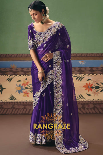 Royal Purple Designer Embroidered Fancy Saree with Sequin, Stone & Pearl Work