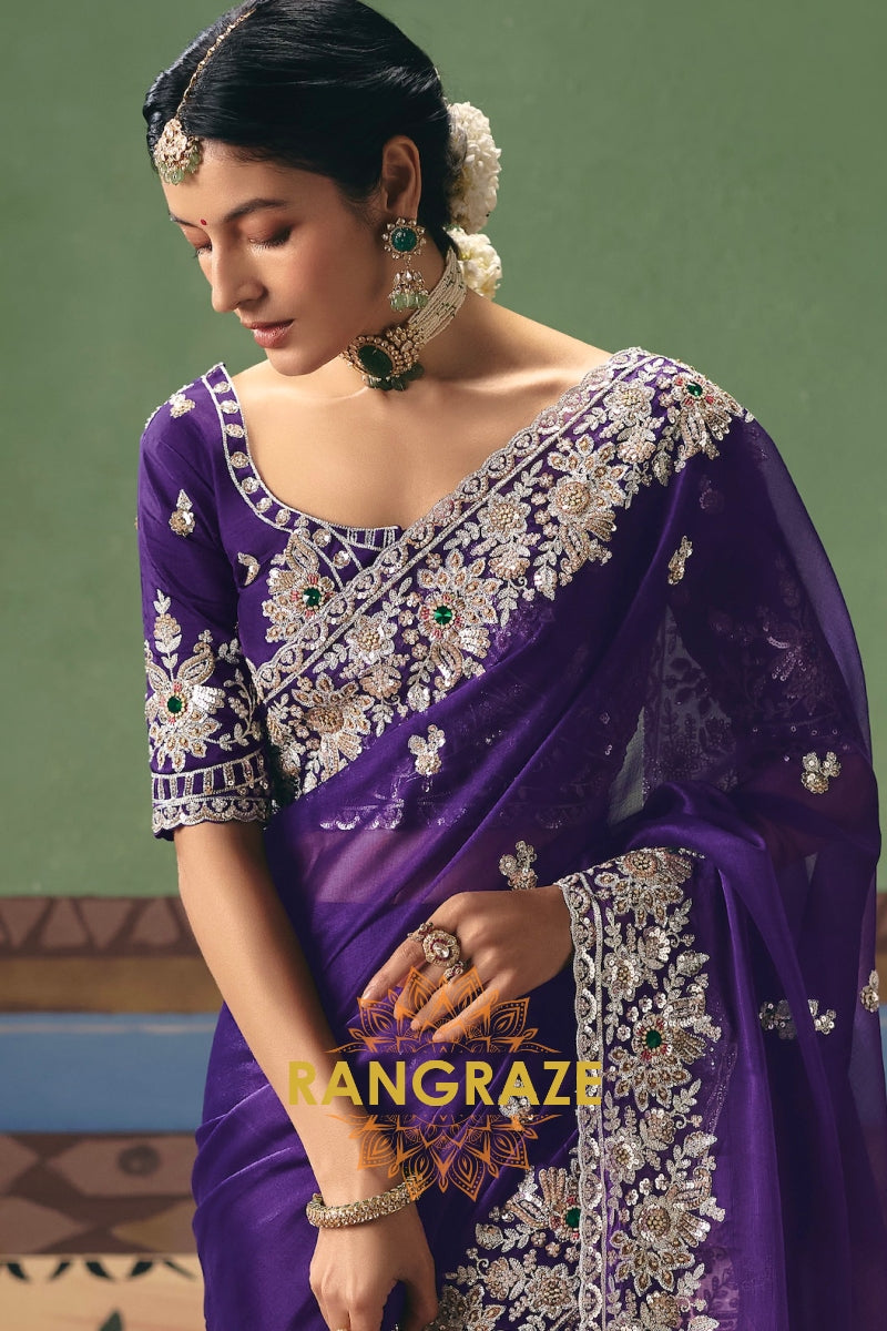 Royal Purple Designer Embroidered Fancy Saree with Sequin, Stone & Pearl Work