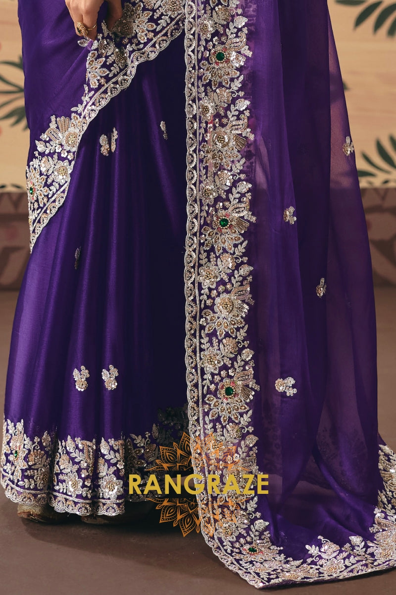 Royal Purple Designer Embroidered Fancy Saree with Sequin, Stone & Pearl Work