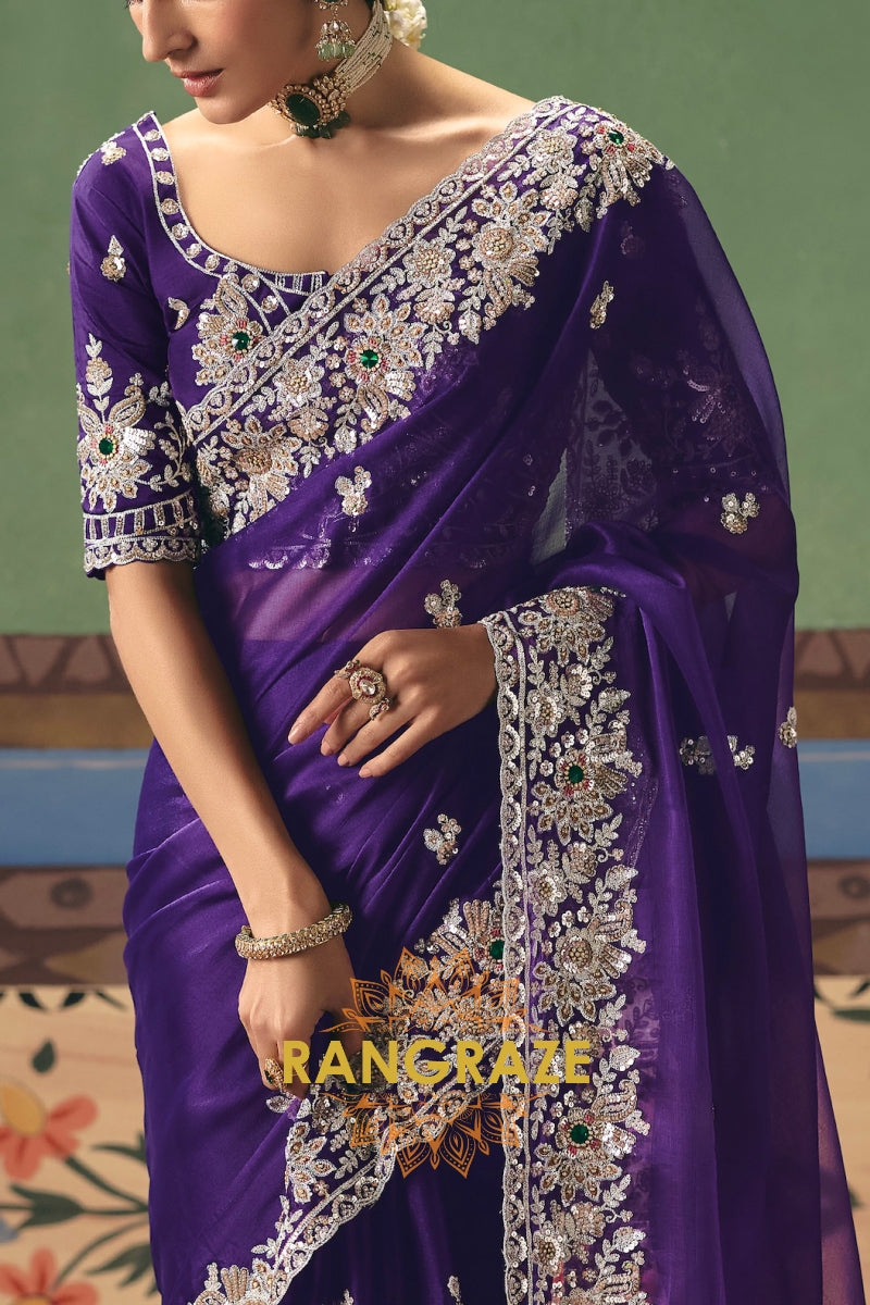 Royal Purple Designer Embroidered Fancy Saree with Sequin, Stone & Pearl Work
