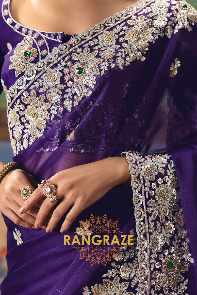 Royal Purple Designer Embroidered Fancy Saree with Sequin, Stone & Pearl Work