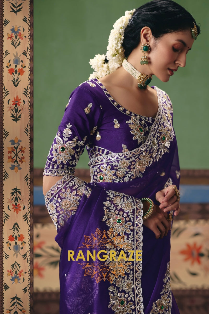 Royal Purple Designer Embroidered Fancy Saree with Sequin, Stone & Pearl Work