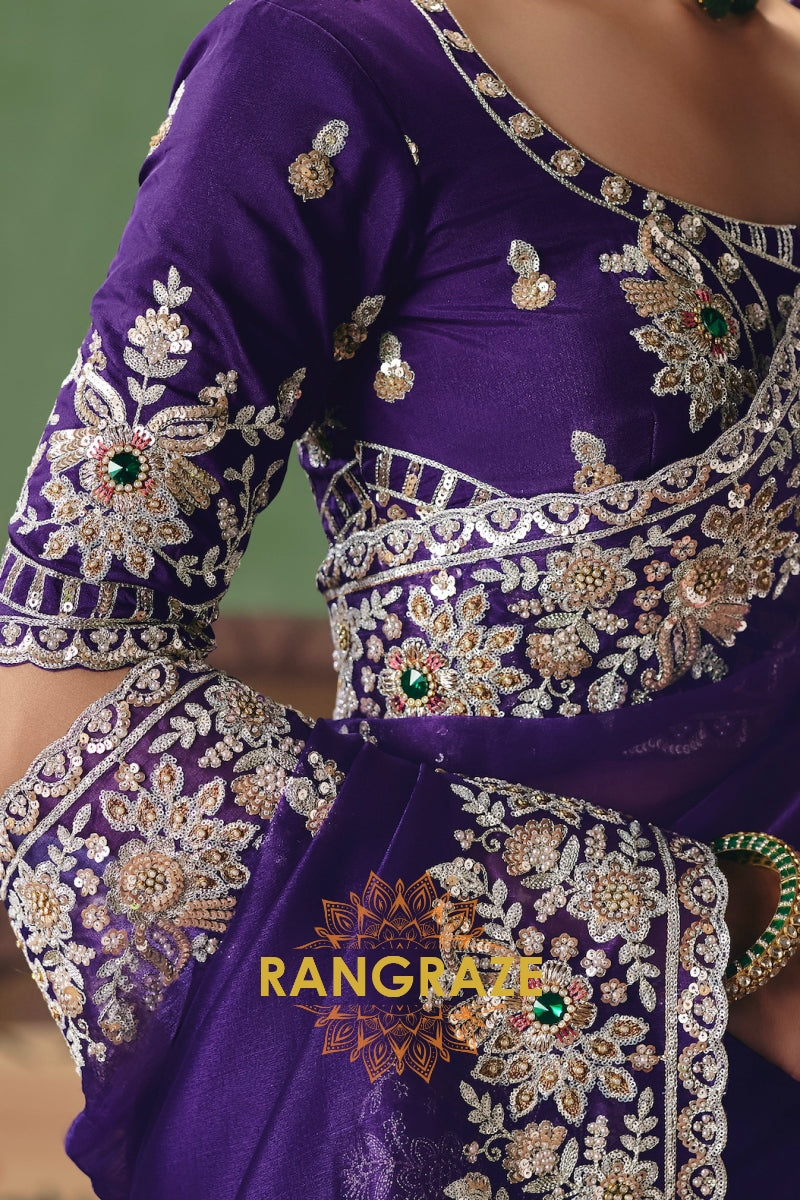 Royal Purple Designer Embroidered Fancy Saree with Sequin, Stone & Pearl Work