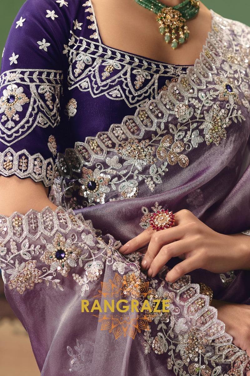 Lavender Mist Designer Embroidered Fancy Saree with Sequin, Stone & Pearl Work