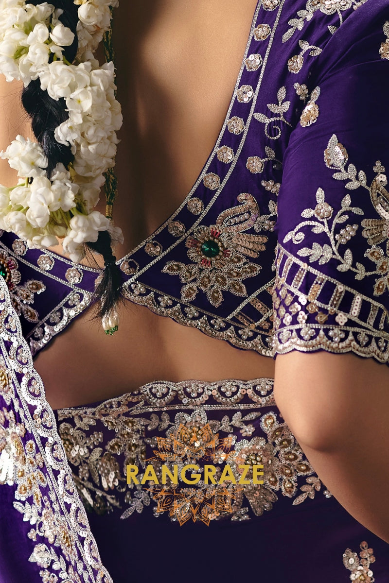 Royal Purple Designer Embroidered Fancy Saree with Sequin, Stone & Pearl Work