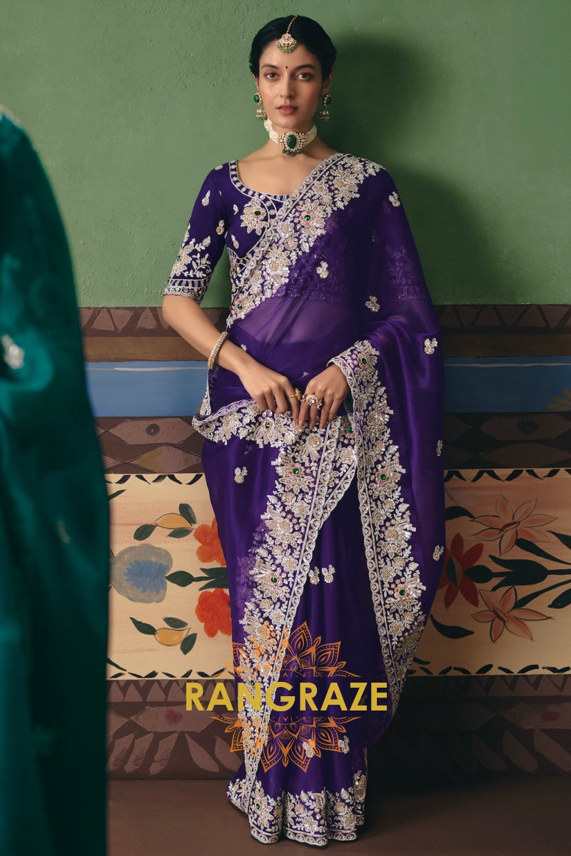 Royal Purple Designer Embroidered Fancy Saree with Sequin, Stone & Pearl Work