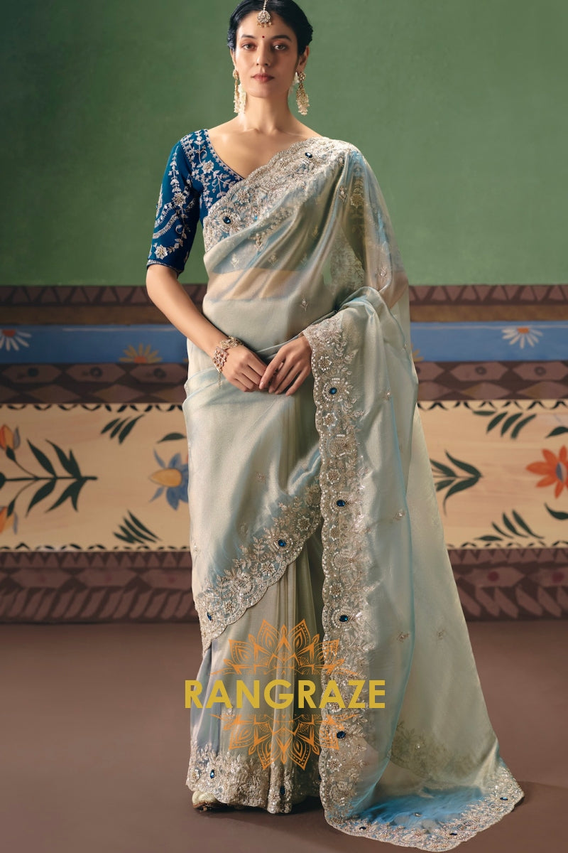 Ice Blue Designer Embroidered Fancy Saree with Sequin, Stone & Pearl Work