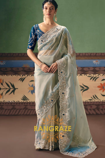 Ice Blue Designer Embroidered Fancy Saree with Sequin, Stone & Pearl Work