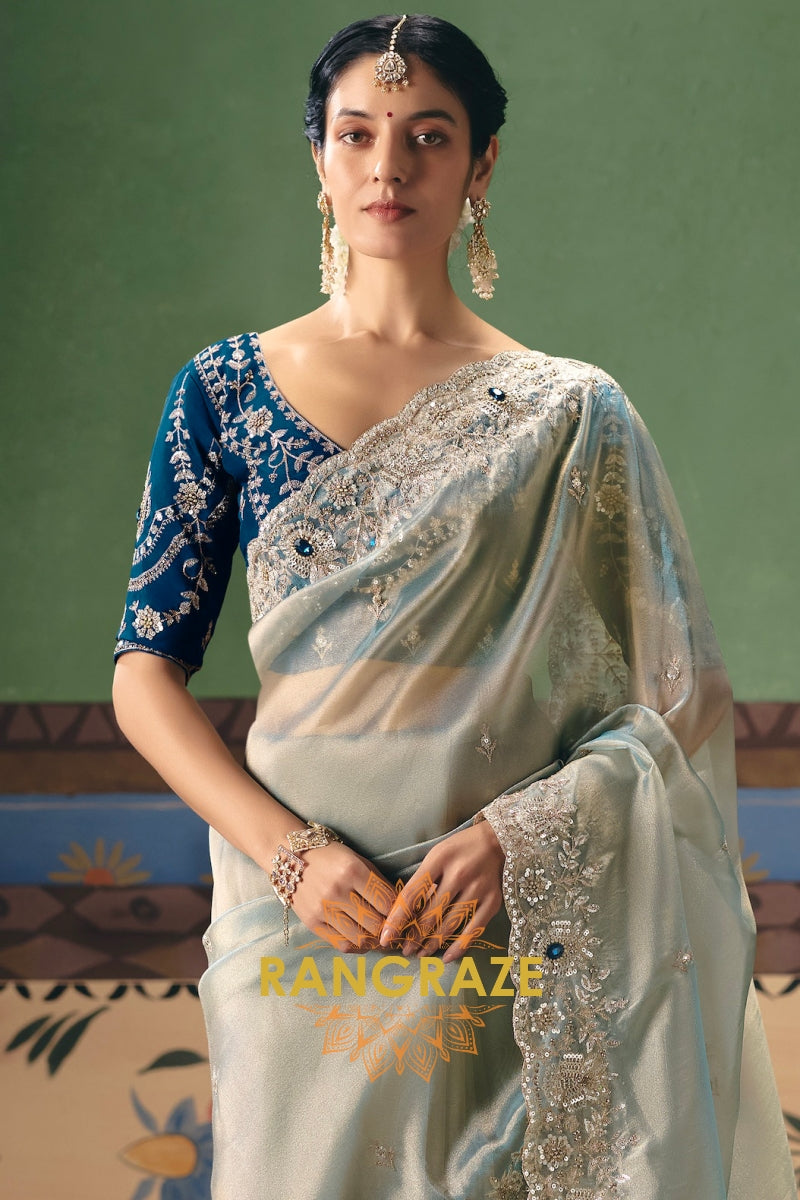 Ice Blue Designer Embroidered Fancy Saree with Sequin, Stone & Pearl Work