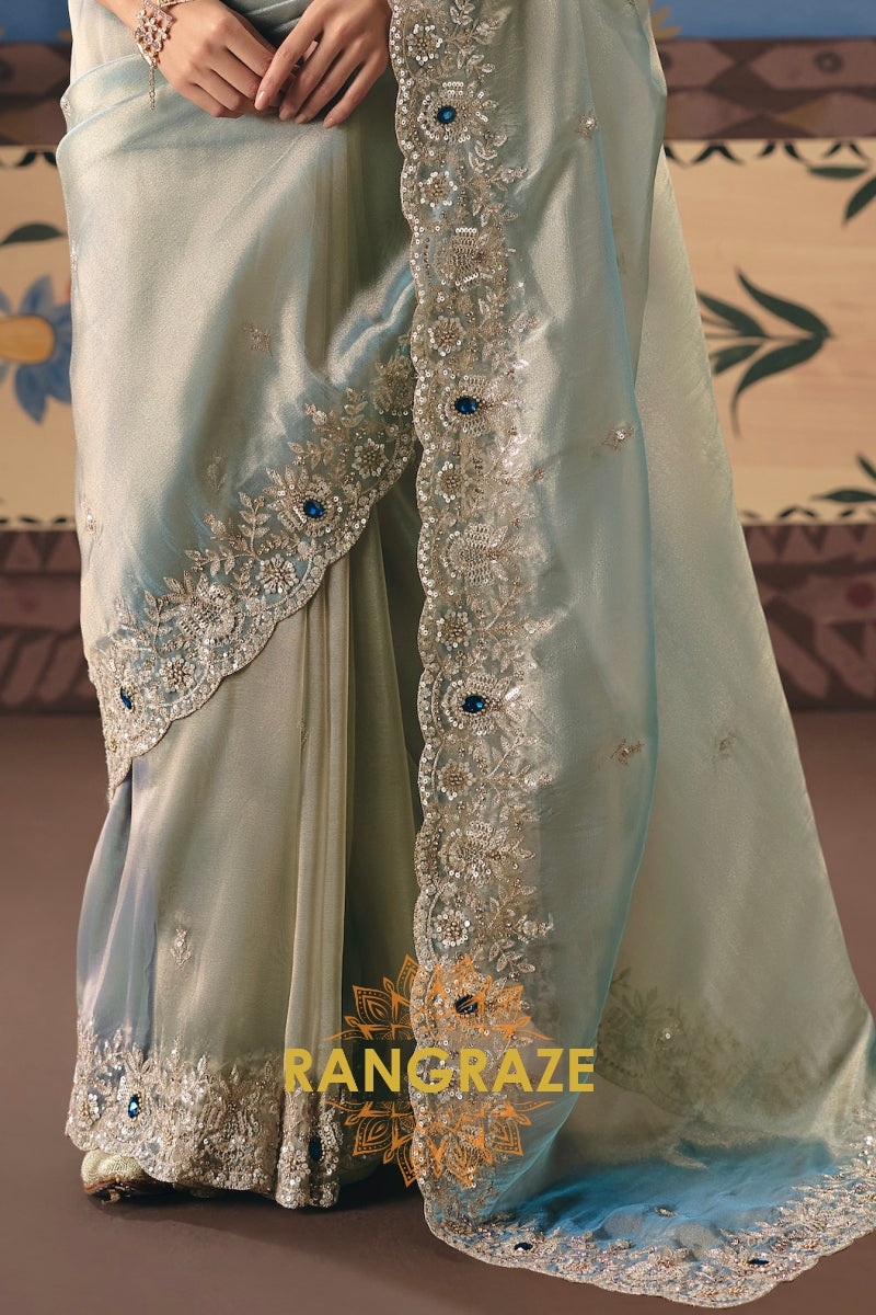 Ice Blue Designer Embroidered Fancy Saree with Sequin, Stone & Pearl Work