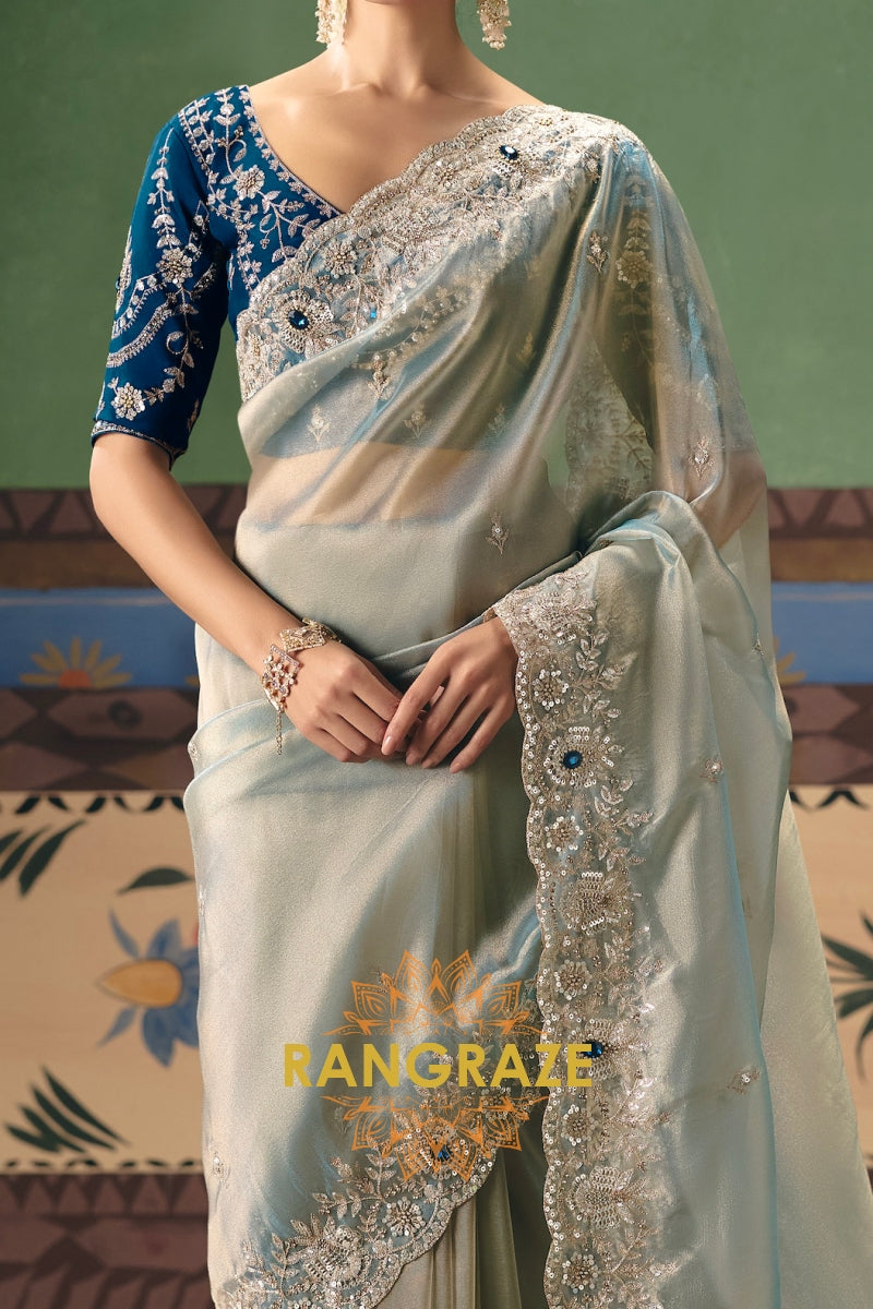 Ice Blue Designer Embroidered Fancy Saree with Sequin, Stone & Pearl Work