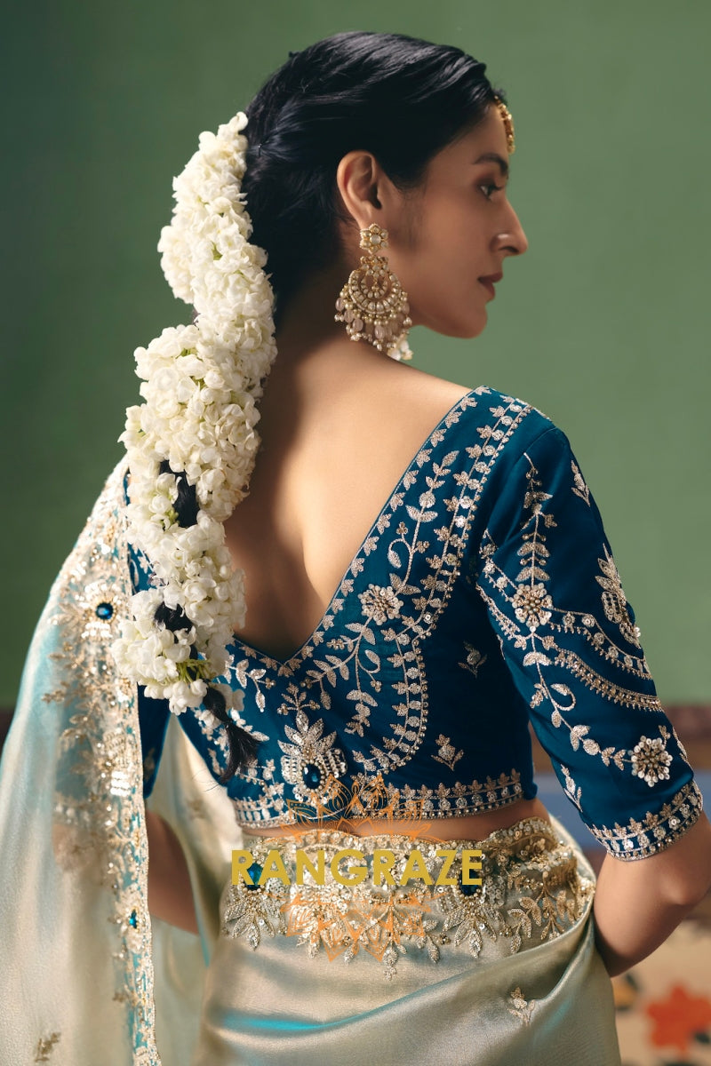 Ice Blue Designer Embroidered Fancy Saree with Sequin, Stone & Pearl Work