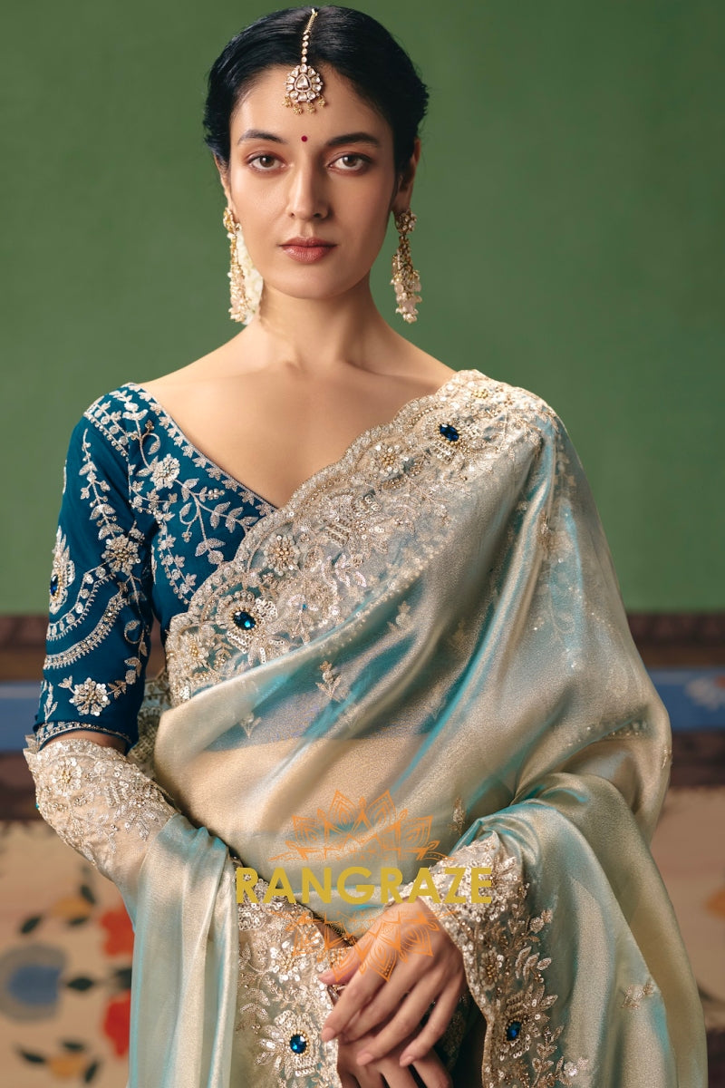 Ice Blue Designer Embroidered Fancy Saree with Sequin, Stone & Pearl Work