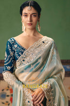Ice Blue Designer Embroidered Fancy Saree with Sequin, Stone & Pearl Work