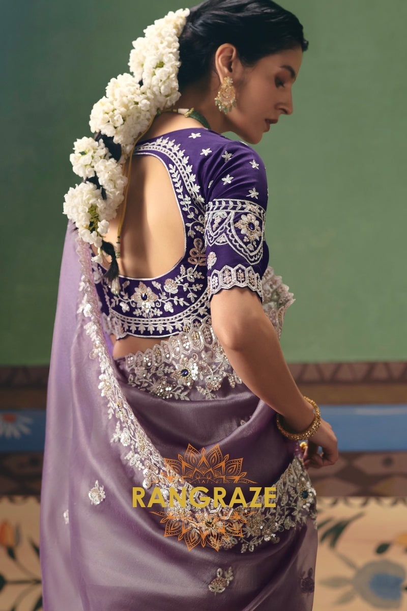 Lavender Mist Designer Embroidered Fancy Saree with Sequin, Stone & Pearl Work