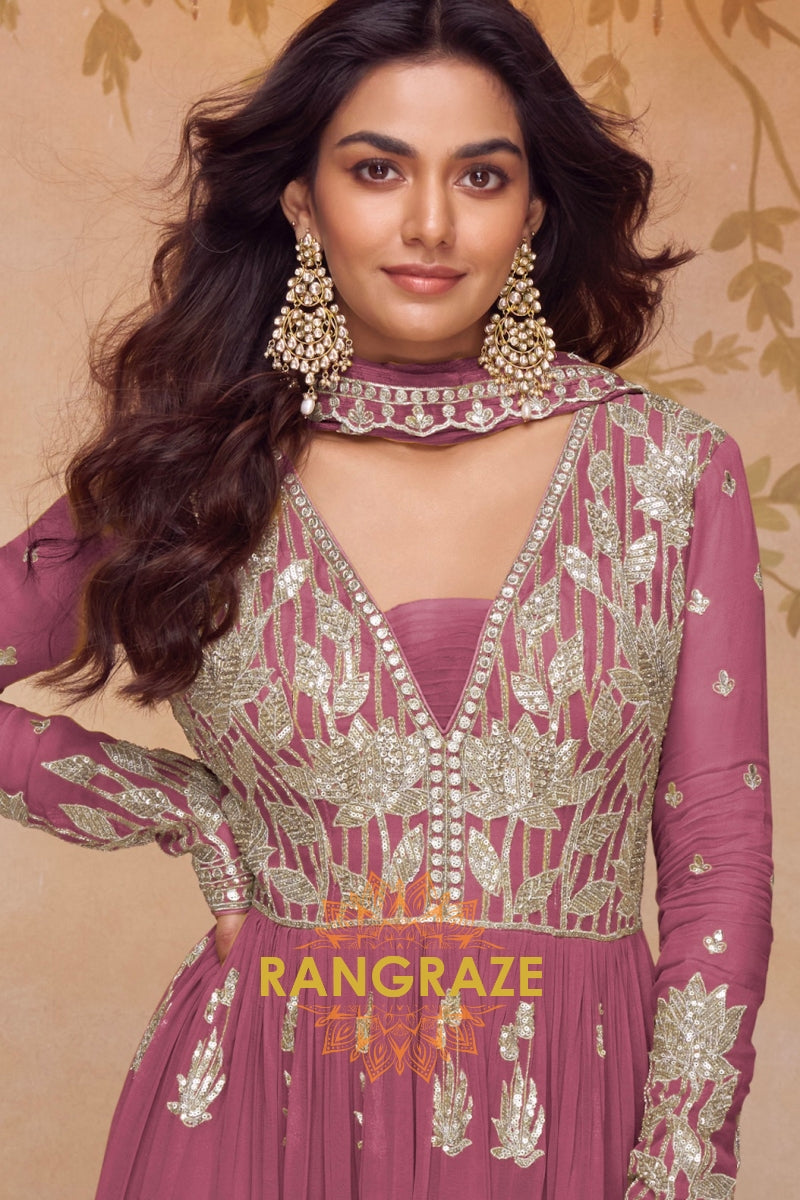 Rose Pink Premium Chinon Designer Anarkali Set Suit Set