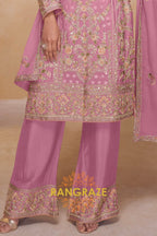Rose Pink Premium Chinon Designer Suit Set