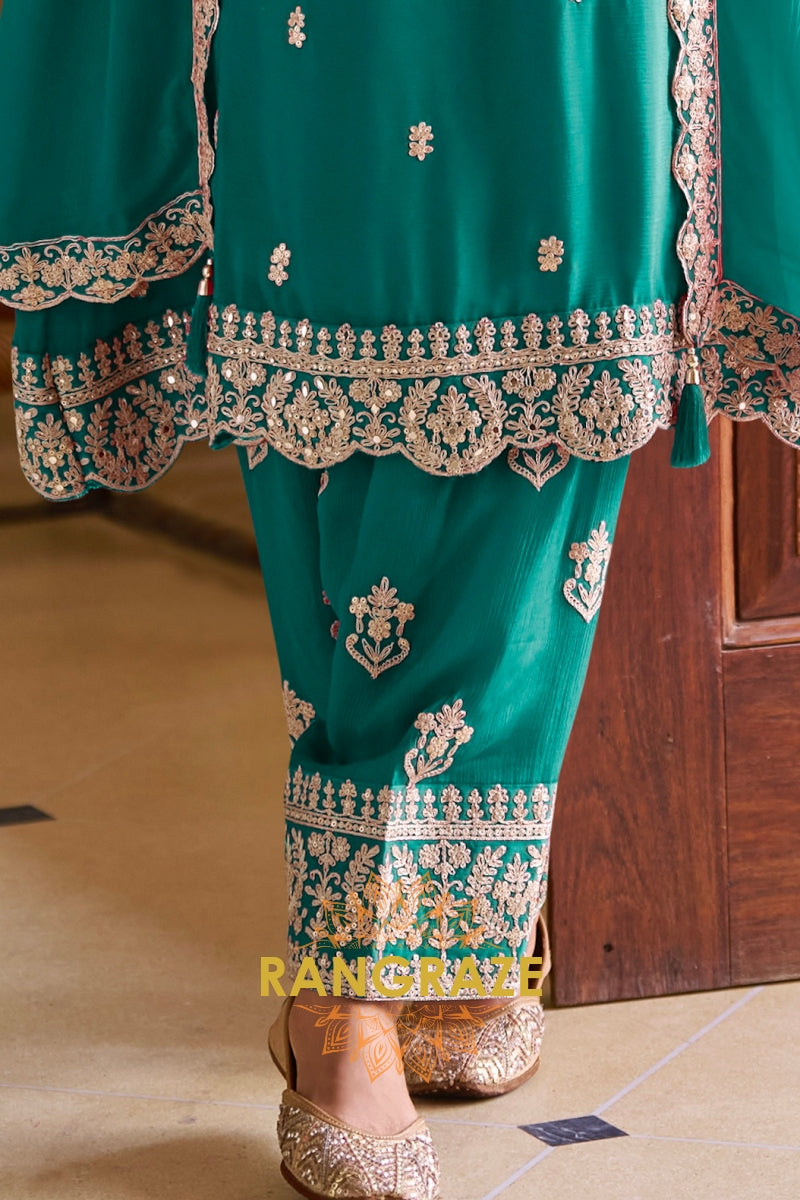 Emerald Green Designer Embroidered Pure Chinon Suit Set